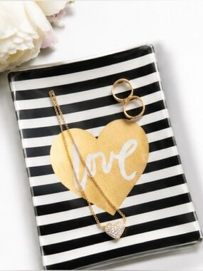 Fringe Studio Black White Stripe Glass Jewelry Tray Love Heart